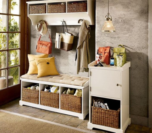 6 Ways to Use Baskets in Your Home, including a white entryway with a bench.