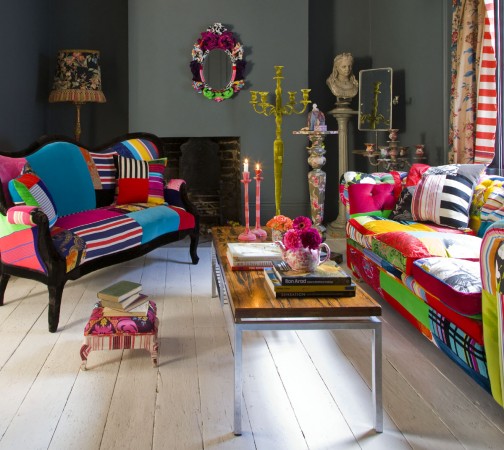 A 20 Quirky living room with colorful furniture.