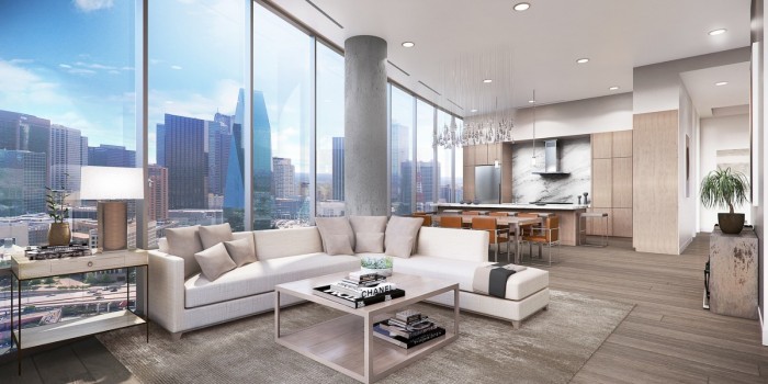 A luxurious living room with a breathtaking view of the city.