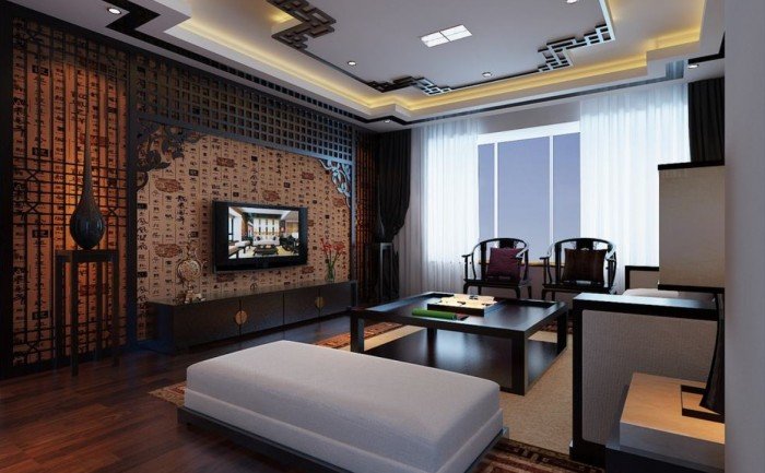 A living room with a Chinese interior design style featuring a TV and fireplace.