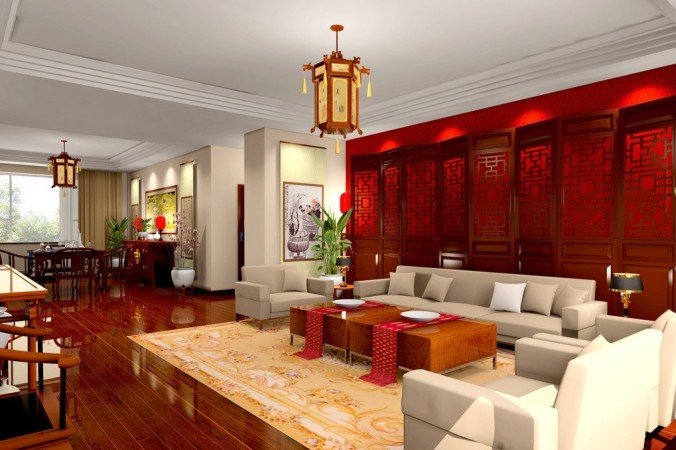 A living room with red walls, inspired by Chinese Interior Design Style.