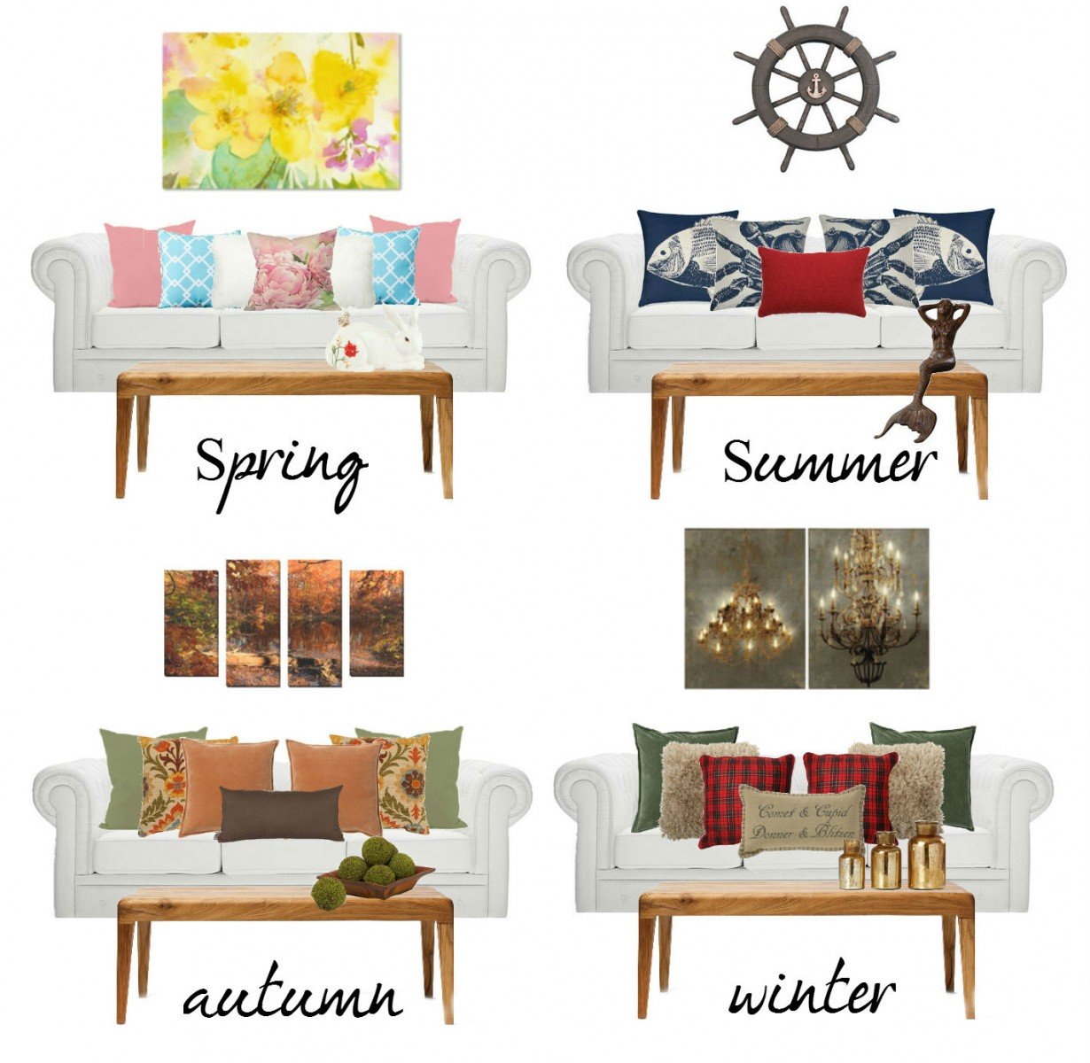 A collage of different styles of living room decor perfect for seasonal decorating.