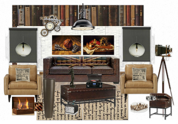 A collage of a living room with furniture and books, showcasing interior design planning.