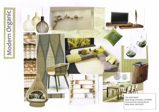 A design board with various pictures of furniture and decor for planning your interiors.