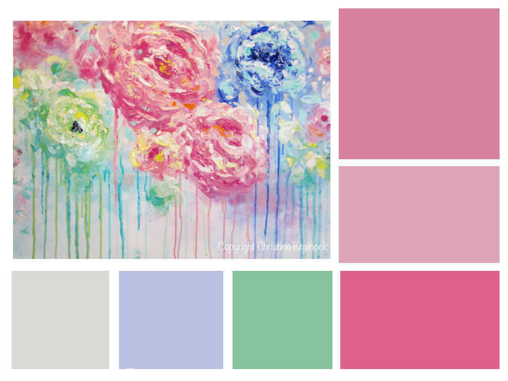 Creating a custom color scheme from art pieces featuring pink, green, and blue flowers.