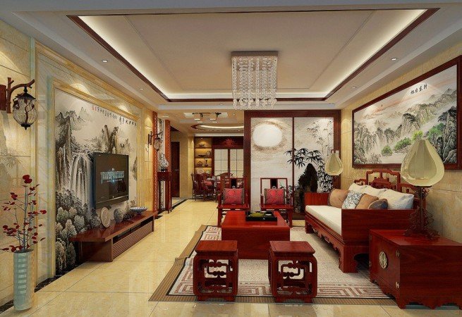 A Chinese interior design style living room with furniture and decorations.