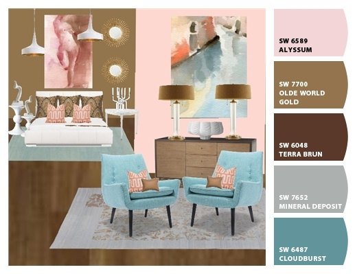 A color palette for a bedroom with pink and blue furniture.