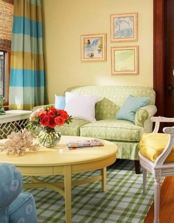 A living room with vibrant yellow, blue, and green furniture for fresh spring inspiration.