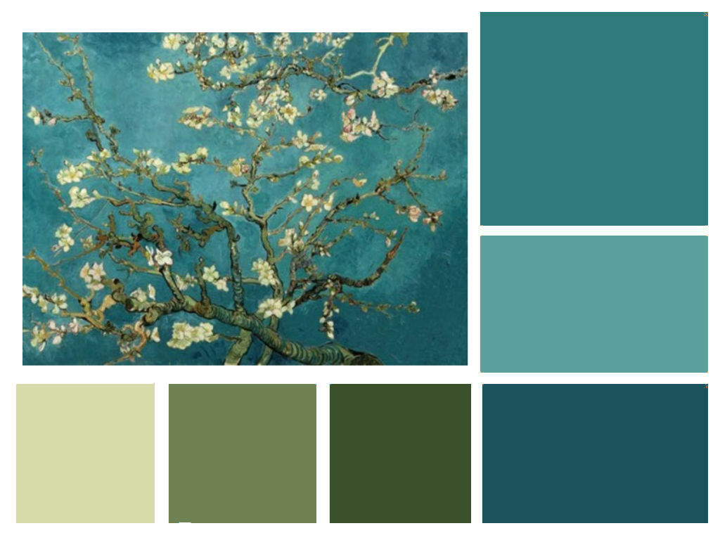 A custom color palette featuring an almond tree in bloom.