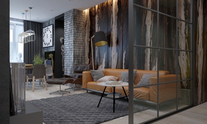 A modern living room with dark wooden walls and a leather couch, creating a moody interior design.
