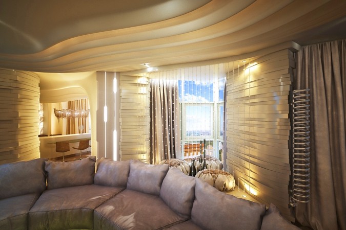 A 3D rendering of a living room with curved walls inspired by dining out.