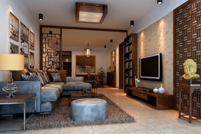 A living room with brown furniture and Chinese Interior Design Style.