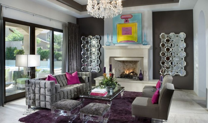 A modern living room with a chandelier for the fashionista.