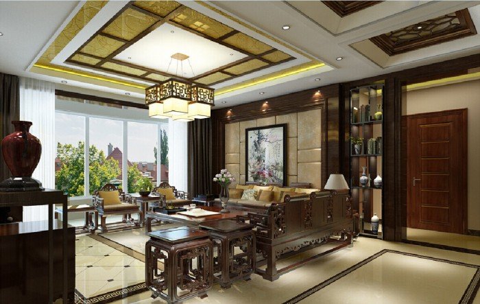 A living room with Chinese-style brown furniture and a chandelier.