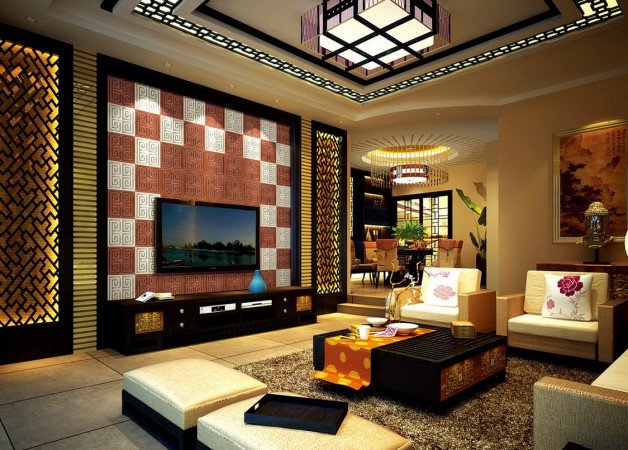A living room with a fireplace in Chinese interior design style.