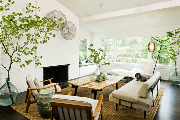 A living room with green plants.