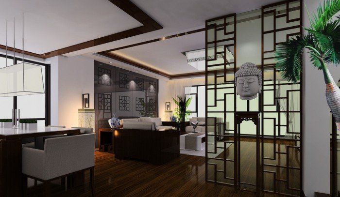 A 3D rendering of an Asian-style living room inspired by Chinese interior design.
