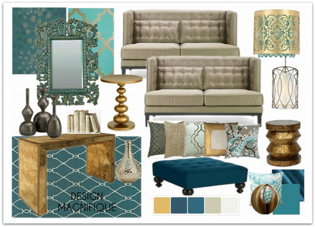 Keywords: Mood Board, Interiors. 

Updated Description: Creating a mood board for planning your interiors using teal and gold furniture and accessories.