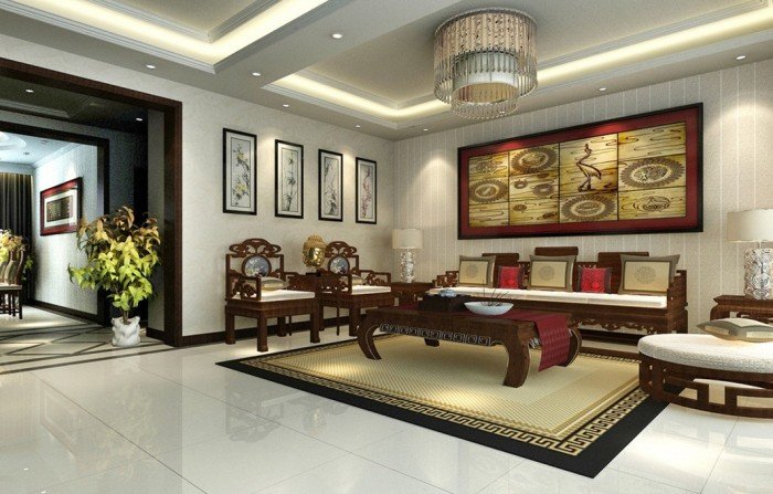 An Asian-inspired living room with Chinese interior design style furniture and decor.