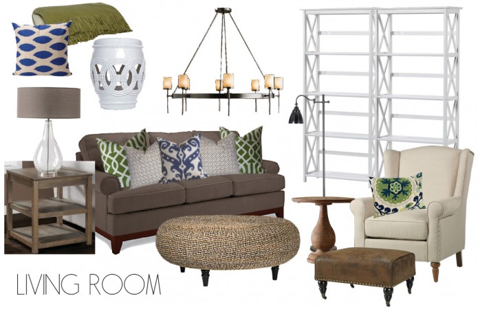 A living room with furniture and accessories showcasing a mood board for interior planning.