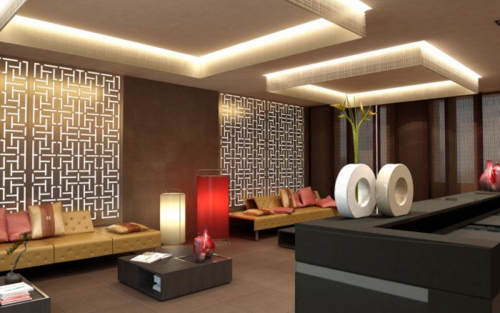 A 3D rendering of a modern hotel lobby with Chinese interior design style.