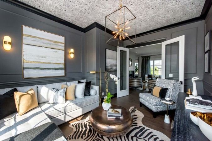 A fashionable living room with a zebra rug.