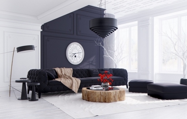 A black and white living room with a clock showcasing interior features.