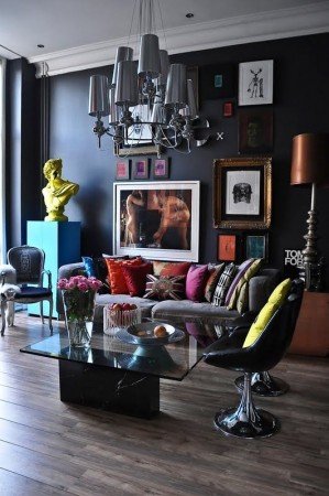 Dark walls accented with bright colors 
