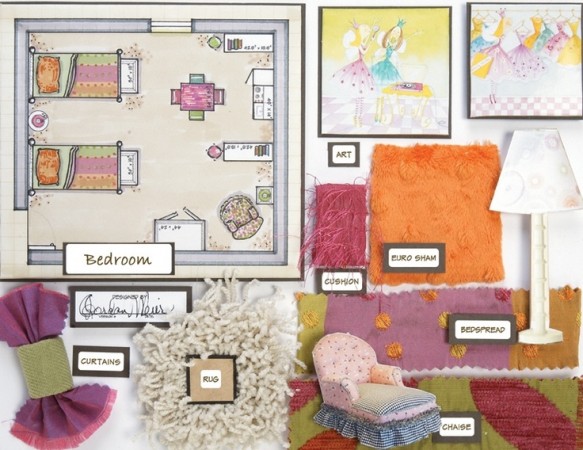 A collage of items for a girl's room, created through a mood board.