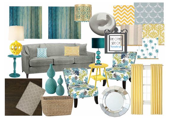 A blue and yellow living room with furniture and accessories. How to Create a Mood Board for Planning Your Interiors.