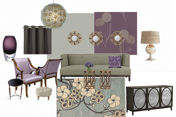 A living room with a couch, chairs, and a lamp featuring a mood board.