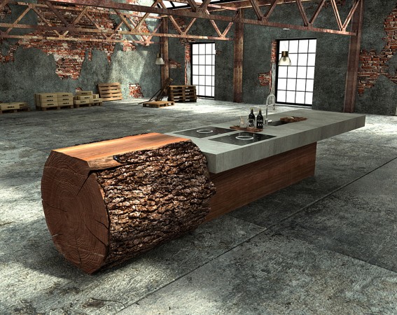 Tree Trunk Furniture - A kitchen island made from a tree trunk, bringing nature into your home.