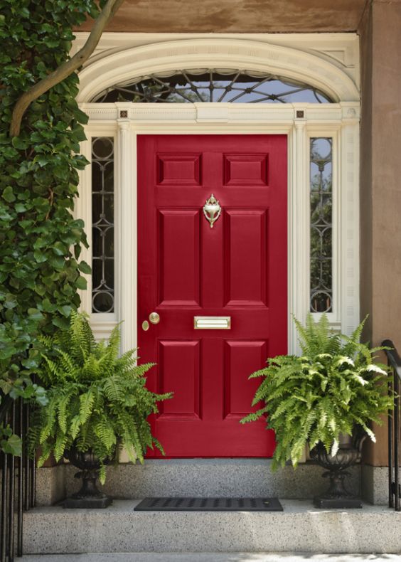 A red front door with plants on the steps, showcasing its vibrant paint color.
