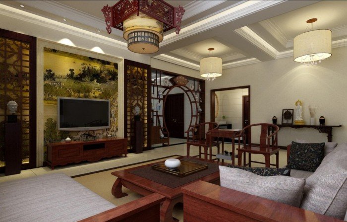 A Chinese-style living room with furniture and decor.