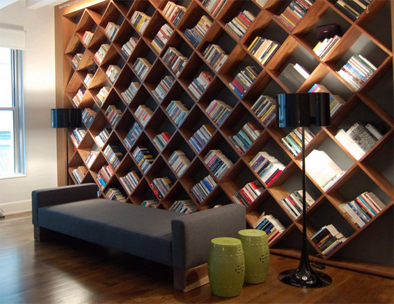 Bookshelves in a living room create motion and lines.