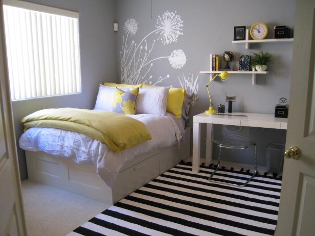 Designing a Small Bedroom with a Yellow Bed and Black and White Striped Rug for the Picky Teenager