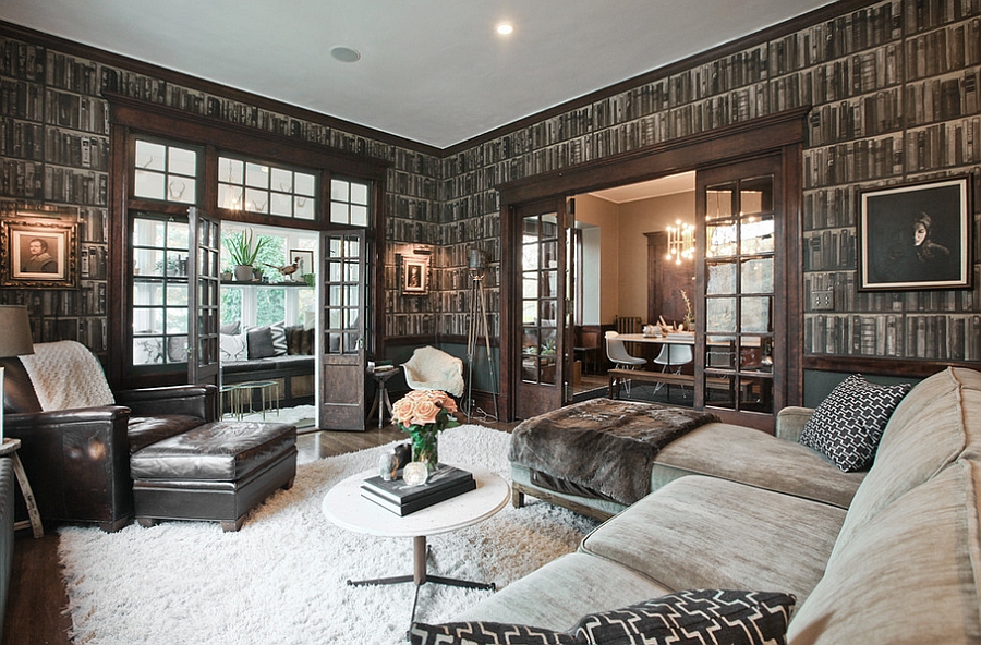 A sophisticated living room with a masculine touch, featuring a modern couch and coffee table.