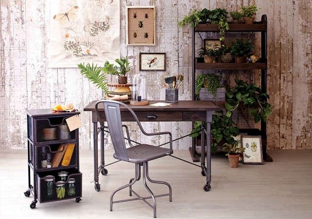 A room with a desk, chair and plants featuring the Industrial Style Home Office.