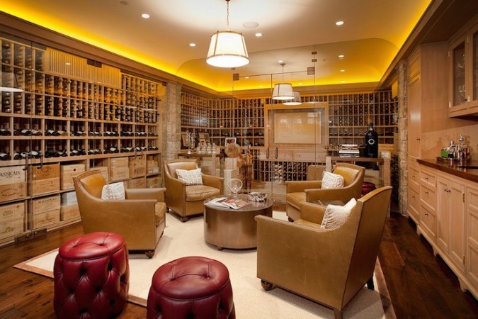 A wine cellar with a creative display of wine bottles.