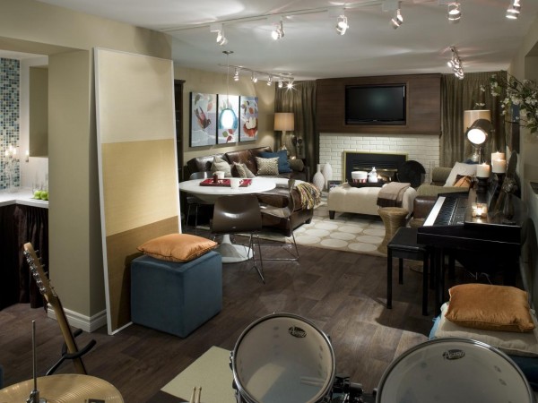 A creative use for the basement - a living room with a drum set.