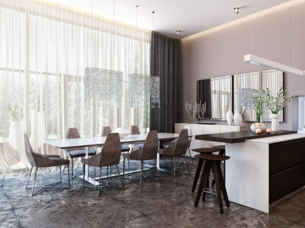 3d rendering of a modern kitchen and dining room featuring refined luxury.