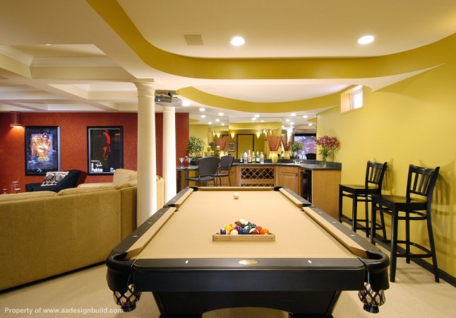 A creative use for the basement: A pool table in a basement.
