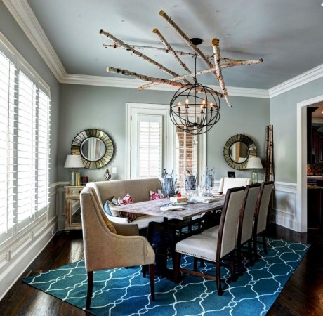 Birch logs accent pendant light in dining room 