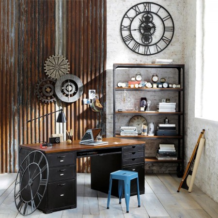 An Industrial Style Home Office with a desk and clock.