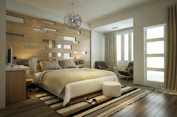 The Mid-Century Modern Bedroom featuring wooden walls and bed.