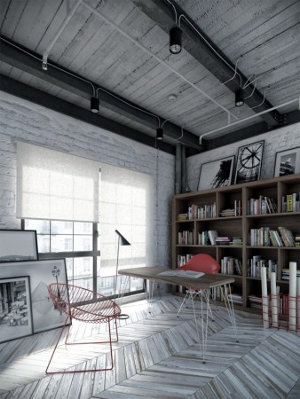 An industrial style office with bookshelves and a red chair in a home setting.