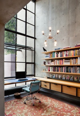 The Industrial Style Home Office with a desk and bookshelves.