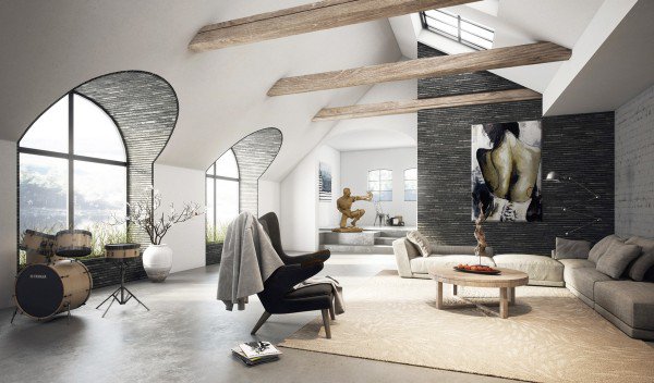 A sophisticated living room with a vaulted ceiling for the modern man.
