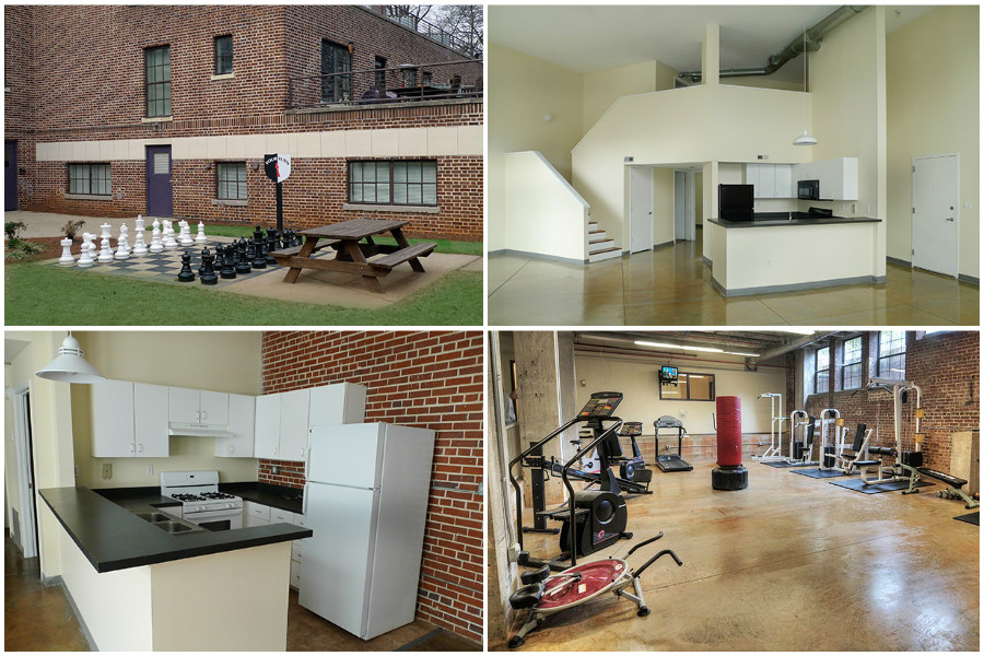A collage of pictures showcasing Atlanta apartments with a gym and kitchen.