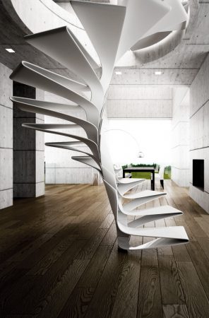 A sculptural, white spiral staircase in a room.